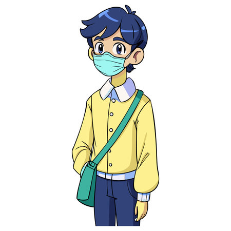 Illustration of a boy wearing a medical mask and carrying a backpackのイラスト素材