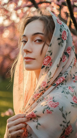 Portrait of a beautiful girl in a shawl in a blooming gardenの素材