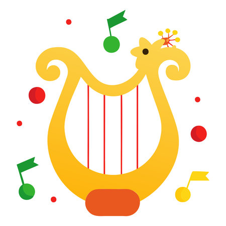 Illustration of a yellow lyre with a red harp on a white backgroundのイラスト素材