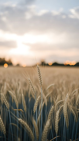Ears of wheat on the field in the rays of the setting sunの素材
