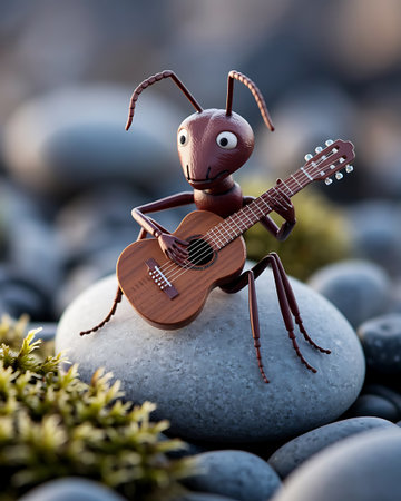 Ant playing guitar on a stone in the nature. 3d illustration.の素材