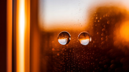 Water drops on window glass at sunset. Raindrops on glass.の素材