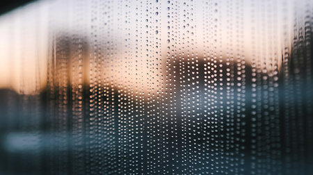 Water drops on glass with blurred city background. Rainy weather.の素材