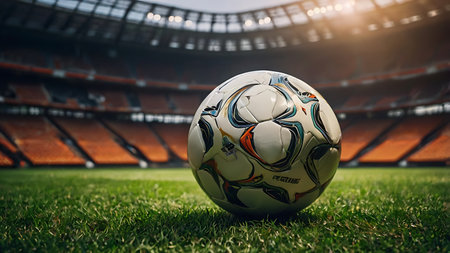 Soccer ball on the grass in front of the stadium with lightsの素材