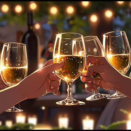 Illustration of hands clinking glasses of wine on party background.の素材