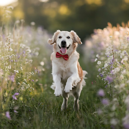 Cute Golden Retriever dog running in the field of flowersの素材