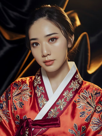 Beautiful asian woman in red kimono on black backgroundの素材