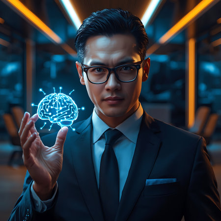 Portrait of young asian businessman in black suit and eyeglasses holding digital glowing brain hologram.の素材