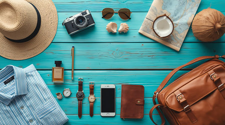 Flat lay of traveler's accessories on blue wooden background. Travel conceptの素材