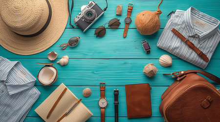 Top view of traveler's accessories on turquoise wooden background.の素材
