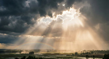 Rainbow in the sky over the river. Panoramic view.の素材