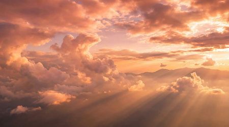 Sunset sky with clouds and sunbeams. Natural background.の素材
