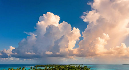 Aerial view of tropical beach with palm trees, blue sky and white cloudsの素材