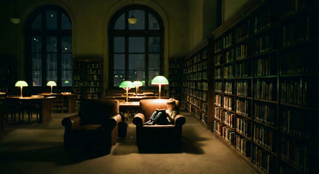Luxury interior of an old library at night with bookshelves and armchairsの素材