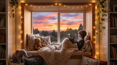 Cute little boy sitting on the windowsill and reading a book in the evening.の素材