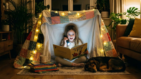 Little girl reading a book while sitting in a teepee at home with her dog.の素材