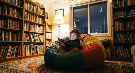 Cute little girl reading a book in a cozy armchair at homeの素材