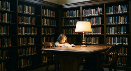 Little girl reading a book in the library at night. Education concept.の素材