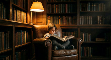 Boy reading a book while sitting in an armchair in the libraryの素材