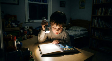 Little boy reading a book in his room at night. The concept of home educationの素材