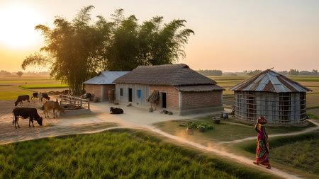 Traditional house in the rice field at sunset, Bagan, Myanmarの素材