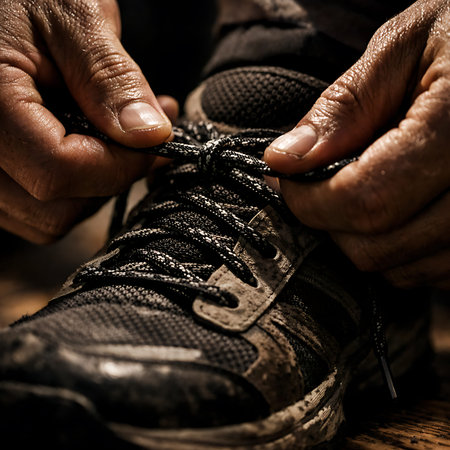 Detailed closeup of hands tying the knot on a dirty hiking shoe ready for the outdoorsの写真素材