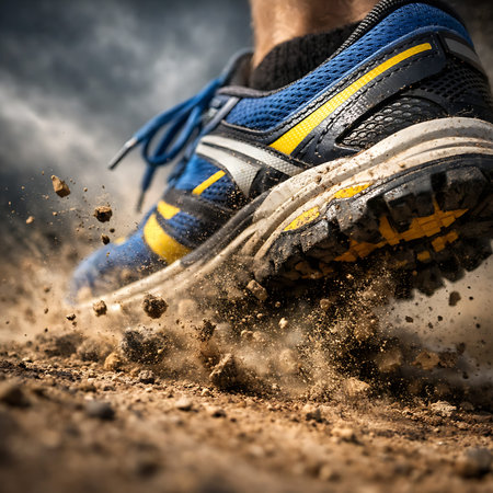 A blue and yellow trail running shoe in motion kicking up dirt and dust
