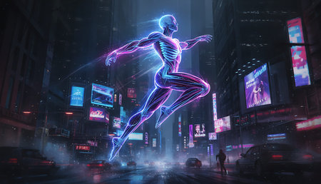 A glowing neon anatomical human figure is depicted in a dynamic running pose amidst a rainy...