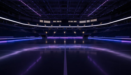 Spacious sports arena with rows of empty seats illuminated by purple and blue neon lights reflecting...