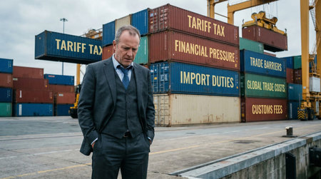 A man in a suit looks concerned next to shipping containers labeled with economic terms at a port