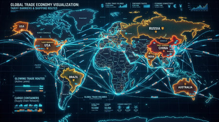 A digital world map displays global trade routes with glowing lines connecting various continents...