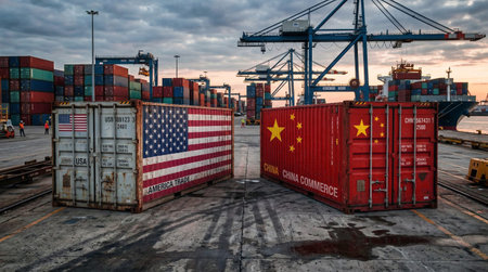 Two shipping containers one with the US flag the other with the Chinese flag stand in a busy port
