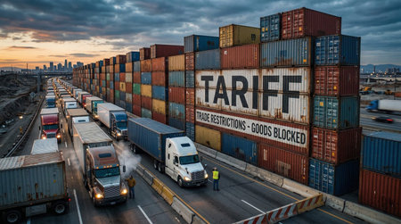 Long line of semitrucks carrying shipping containers causes a significant traffic delay on a highway