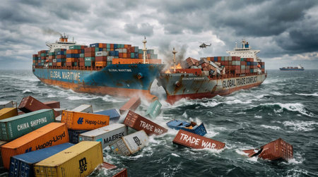 Two cargo ships collide in rough seas spilling containers with a helicopter overhead symbolizing...