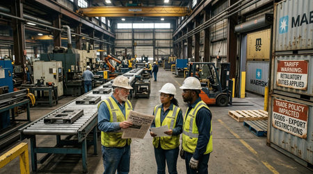 Three diverse factory workers in hard hats and safety vests gather to read a newspaper amidst...