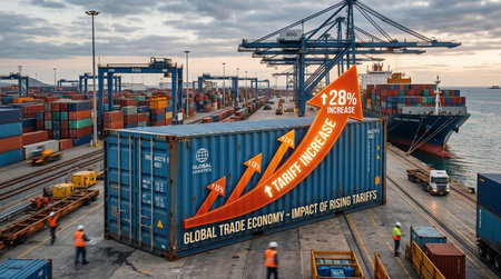 Busy shipping port with containers cranes ships trucks and workers illustrating rising tariffs...