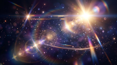 Glowing starbursts and bokeh lights shimmer across a deep space background with subtle rainbow flares