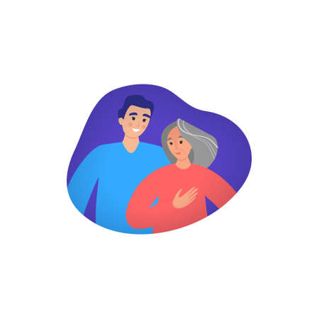 Young son hug her old mother with love. Happy mother's day concept. Flat graphic illustration for greeting cards, covers, posters.のイラスト素材