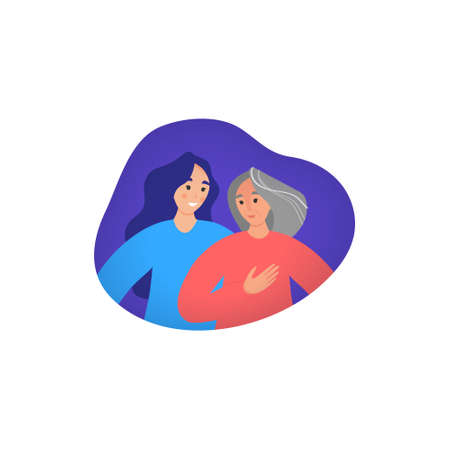 Young daughter hug her old mother with love. Happy mother's day concept. Flat graphic illustration for greeting cards, covers, posters.のイラスト素材