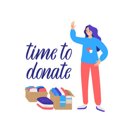 Hand drawn lettering quote: time to donate. Donation concept with clothes boxes. Can use for web banner, infographics, cards. Flat vector illustration isolated on white background.のイラスト素材