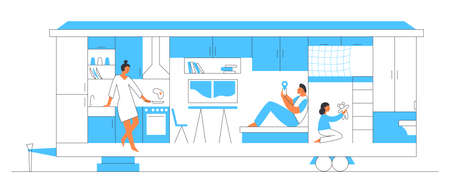 Tiny house with kitchen, bedroom, living room. Small home for family. Happy people in compact space concept. Vector flat hand drawn illustration. Design for web sites, cards, posters, advert.のイラスト素材