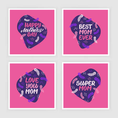 Set of happy mother's day lettering greeting cards with decorative leaves. Flat graphic illustration for greeting cards, covers, posters. Hand drawn vector calligraphy.のイラスト素材
