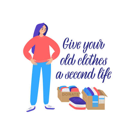 Hand drawn lettering quote: Give your old clothes a second life. Donation concept with clothes boxes. Can use for web banner, infographics, cards. Flat vector illustration isolated on white background.のイラスト素材