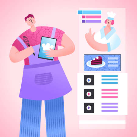 Online cooking app. Man watching lesson at culinary school. Woman chef explaining course. Online education, video tutorial, distance learning. Flat vector Illustration for websites.のイラスト素材