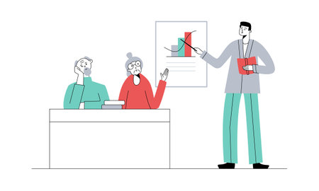 Senior education. Elderly people on lesson or courses in college or university. Teacher at blackboard asks elderly woman with raised hand. Vector flat illustration.のイラスト素材