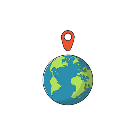Globe icon with marker. Earth and red pin. Flat graphic illustration for templates, web sites, infographics and printed materials.のイラスト素材