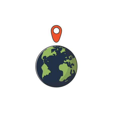 Globe icon with marker. Earth and red pin. Flat graphic illustration for templates, web sites, infographics and printed materials.のイラスト素材