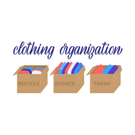 Hand drawn lettering. Clothing organization. Sorts clothes into boxes: recycle, donate, trash. Can use for web banner, infographics, cards. Flat vector illustration isolated on white background.のイラスト素材