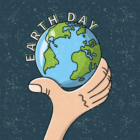 Holding globe on hand. Concept of the Earth day, saving planet, environmental protection. Vector flat illustration.のイラスト素材