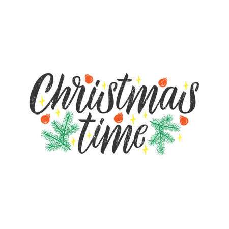Christmas time lettering. Typography design, celebration quotation for banner, backdrops, posters, greeting cards. Hand drawn calligraphy. Vector illustration isolated on white background.のイラスト素材